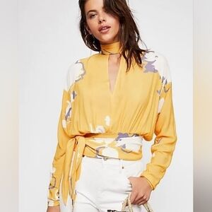Free People Say You Love Me Top Yellow Floral Tie Waist Blouse Boho Medium